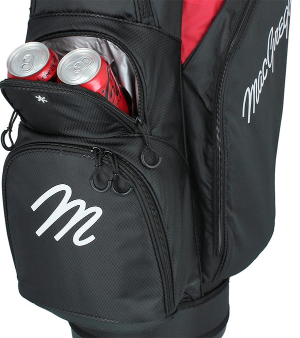MacGregor MACLOCK Ultimate Divider System Golf Cart Bag - in Black/Red with details of  pockey for drinks