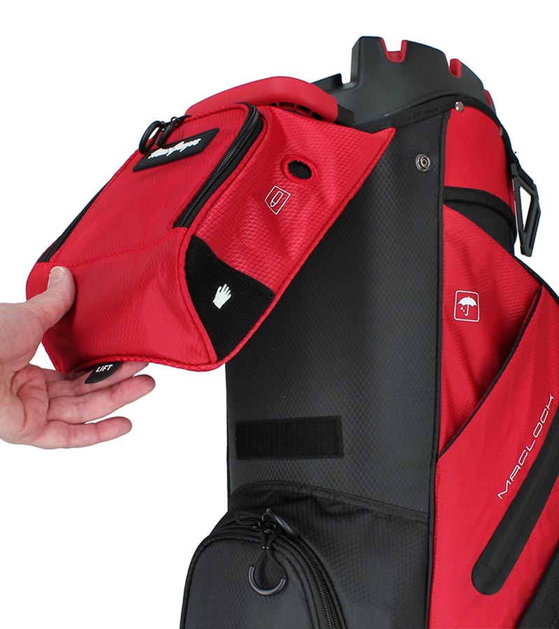 MacGregor MACLOCK Ultimate Divider System Golf Cart Bag - in Black/Red with details of  top pocket pouch
