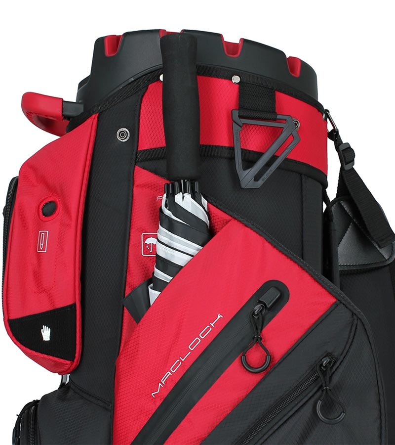 MacGregor MACLOCK Ultimate Divider System Golf Cart Bag - in Black/Red with details of pockets and unbrella slot