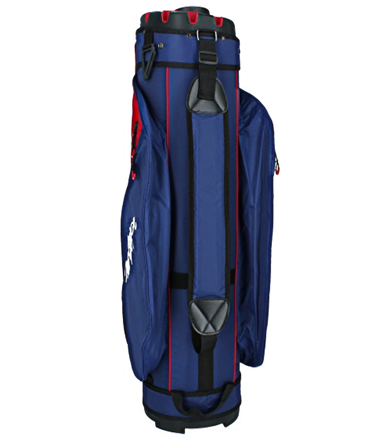 MacGregor MACLOCK Ultimate Divider System Golf Cart Bag - in patriotic red and blue with black accents and white lettering -back with padded strap