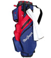MacGregor MACLOCK Ultimate Divider System Golf Cart Bag - in patriotic red and blue with black accents and white lettering -side of bag with golf towel