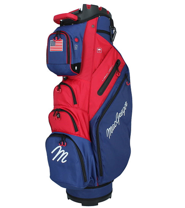MacGregor MACLOCK Ultimate Divider System Golf Cart Bag - in patriotic red and blue with black accents and white lettering -bag 3 quarter view