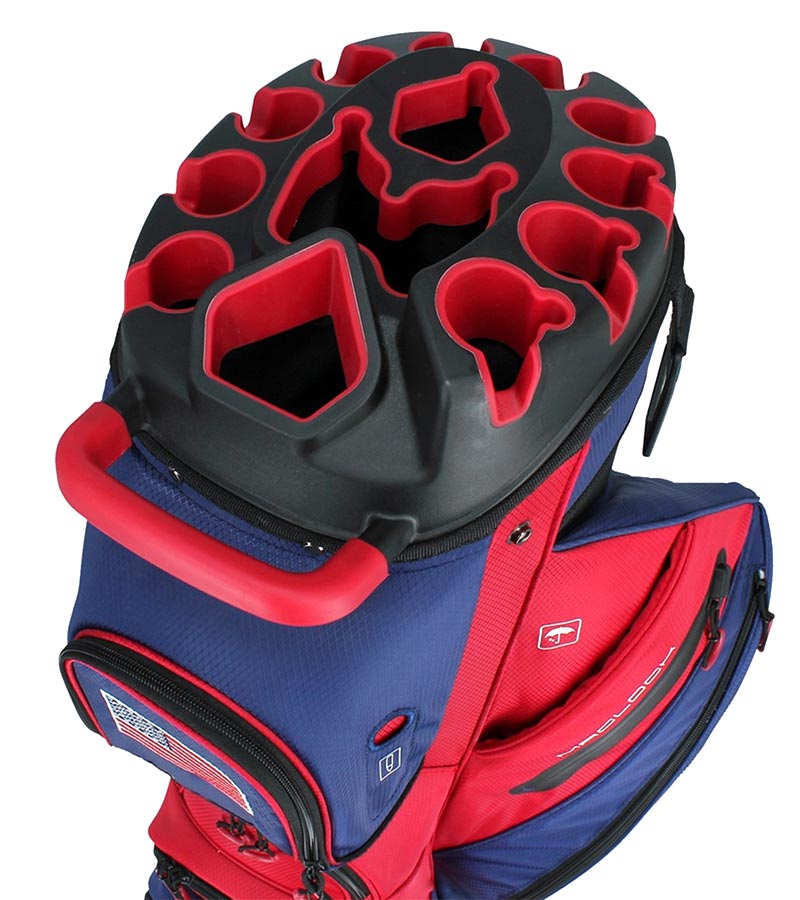 MacGregor MACLOCK Ultimate Divider System Golf Cart Bag - in patriotic red and blue with black accents and white lettering -detail of  top divider