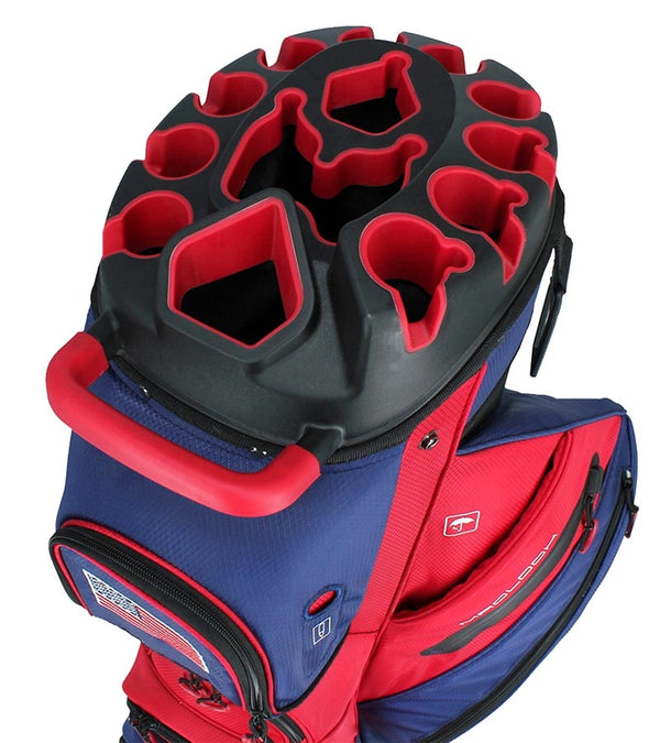 MacGregor MACLOCK Ultimate Divider System Golf Cart Bag - in patriotic red and blue with black accents and white lettering -detail of  top divider