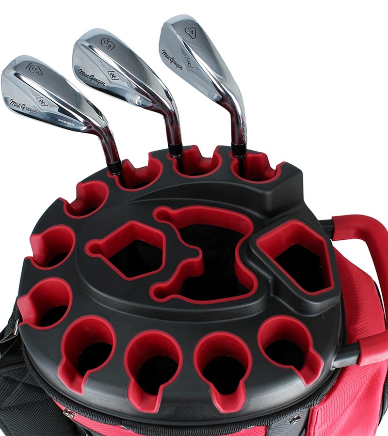 MacGregor MACLOCK Ultimate Divider System Golf Cart Bag - in Black/Red with  close-up of the top with 14-way divider system and 3 iron clubs