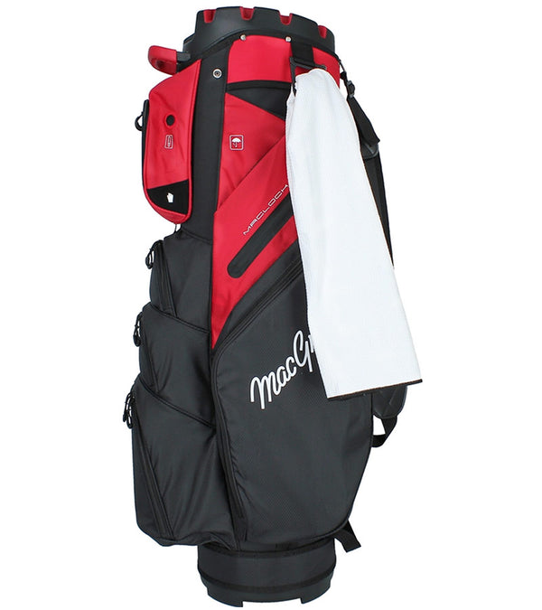 MacGregor MACLOCK Ultimate Divider System Golf Cart Bag - in Black/Red standing with golf towel