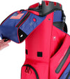 MacGregor MACLOCK Ultimate Divider System Golf Cart Bag - in patriotic red and blue with black accents and white lettering -detail of top pocket pouch