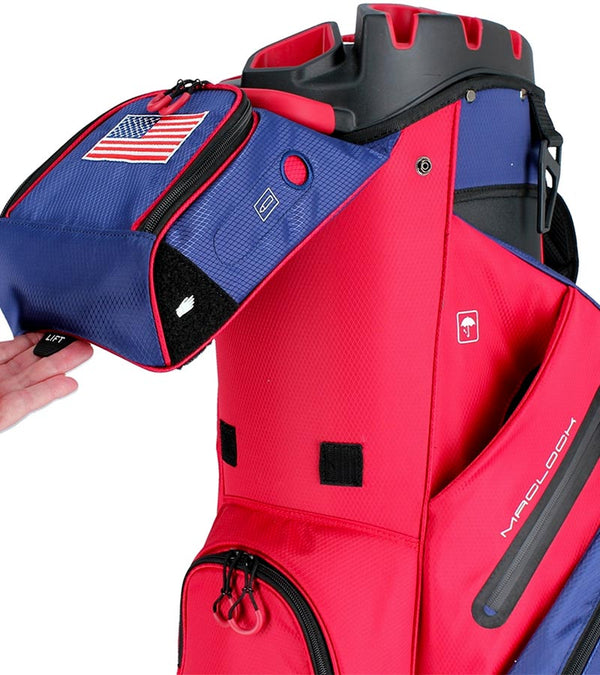 MacGregor MACLOCK Ultimate Divider System Golf Cart Bag - in patriotic red and blue with black accents and white lettering -detail of top pocket pouch