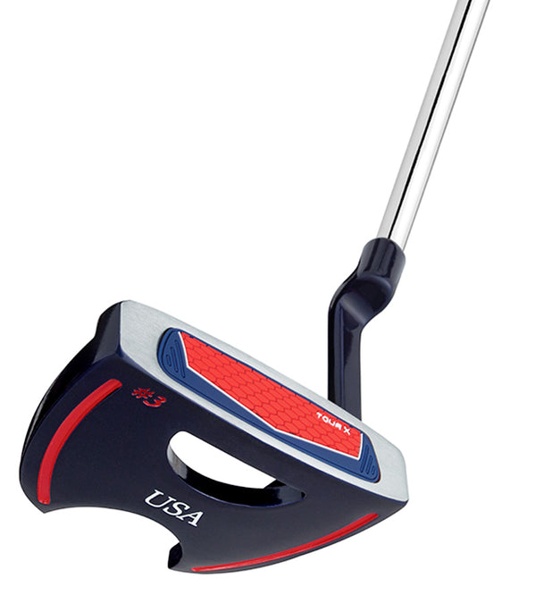 Merchants Of Golf Tour X USA Putters-  Claw style in patriotic blue, red & white with steel shaft, plumber neck hosel side/bottom view with alignment guide lines