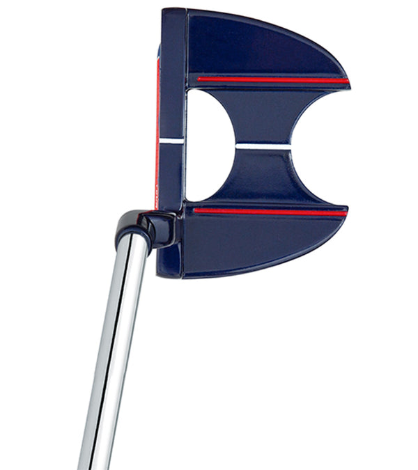 Merchants Of Golf Tour X USA Putters-  Claw style in patriotic blue, red & white with steel shaft, plumber neck hosel top view with alignment guide lines
