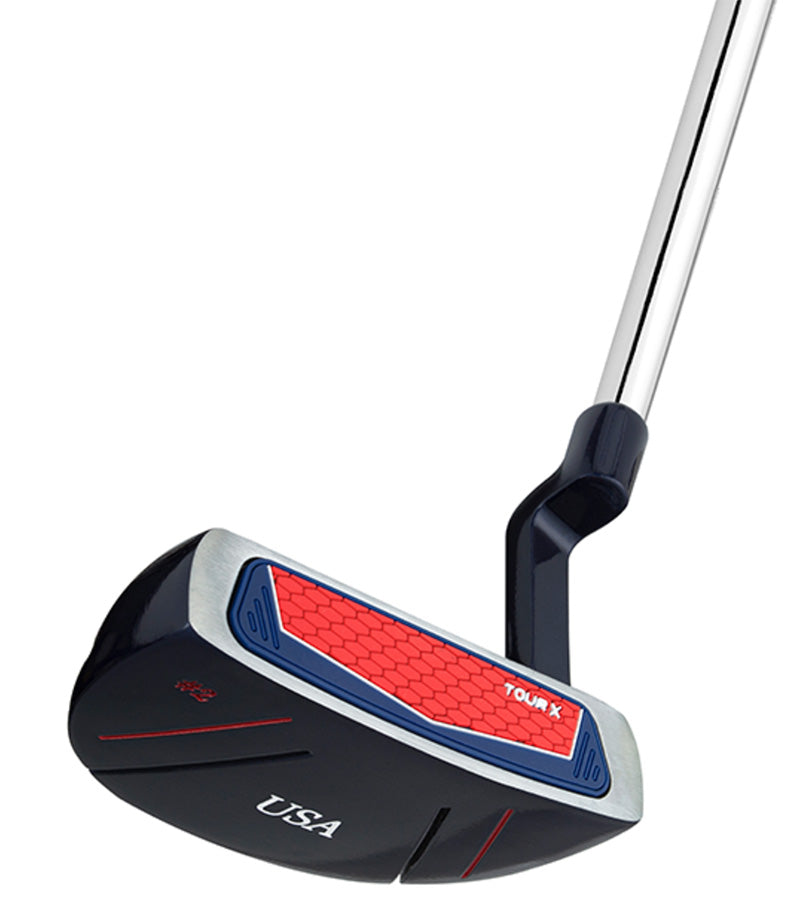 Merchants Of Golf Tour X USA Putters-  Mallet style in patriotic blue, red & white with steel shaft, plumber neck hosel side/bottom view with alignment guide lines