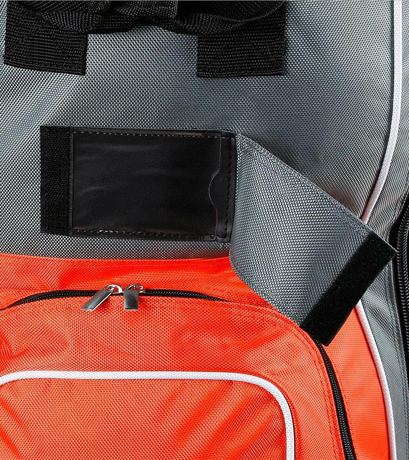 Orlimar 1680D Super Duty Deluxe Wheeled Golf Travel Cover in grey with red and black accents - closeup of zipper and traveid compartment