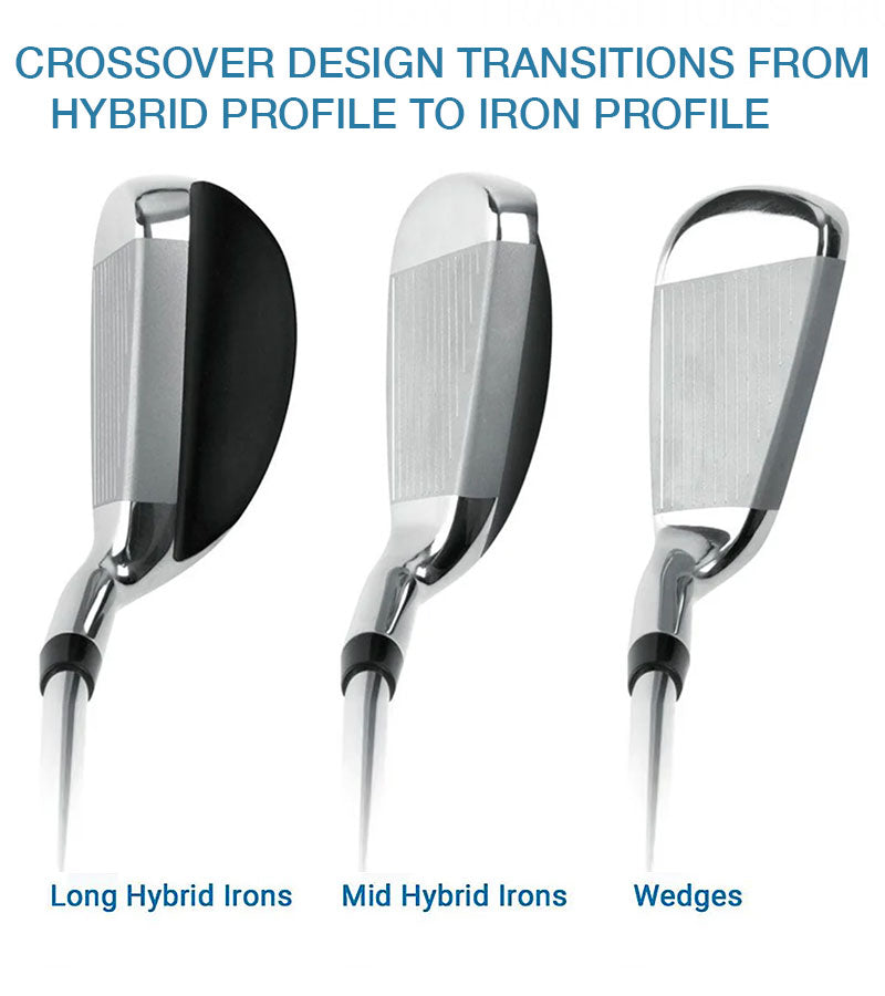 Orlimar Golf Stratos Senior's Hybrid  Iron Set - illustration showing transition from  long hybrid irons to mid hybrid irons to wedge