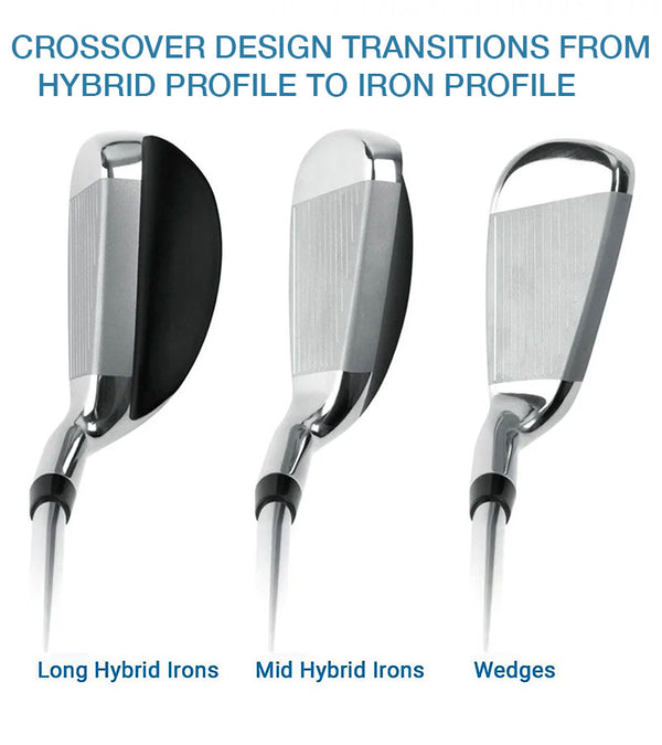 Orlimar Golf Stratos Senior's Hybrid  Iron Set - illustration showing transition from  long hybrid irons to mid hybrid irons to wedge