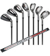 Orlimar Golf Stratos Senior's Hybrid  Iron Set with Stratos graphite shaft laying diagonally across the clubs' shafts..