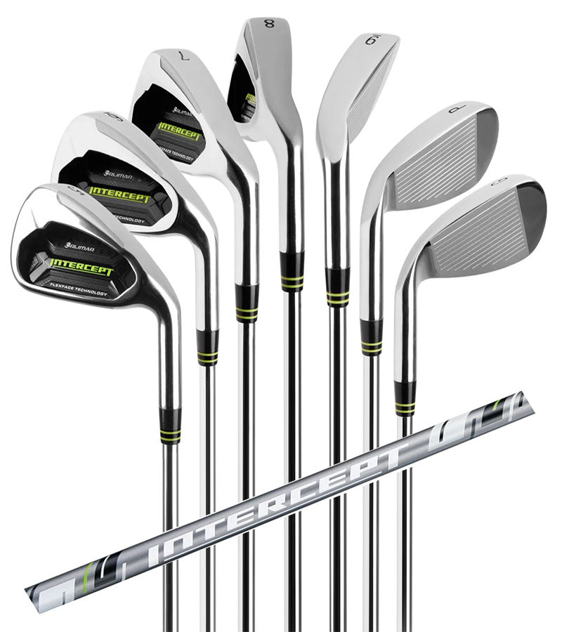 Orlimar Golf Intercept Mens Iron Set with7 irons: #5, #6, #7, #8, #9, + PW & GW and the graphite shaft diagonally across the set