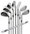 Orlimar Golf Intercept Mens Iron Set with7 irons: #5, #6, #7, #8, #9, + PW & GW and the graphite shaft diagonally across the set
