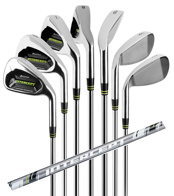 Orlimar Golf Intercept Mens Iron Set with7 irons: #5, #6, #7, #8, #9, + PW & GW and the graphite shaft diagonally across the set