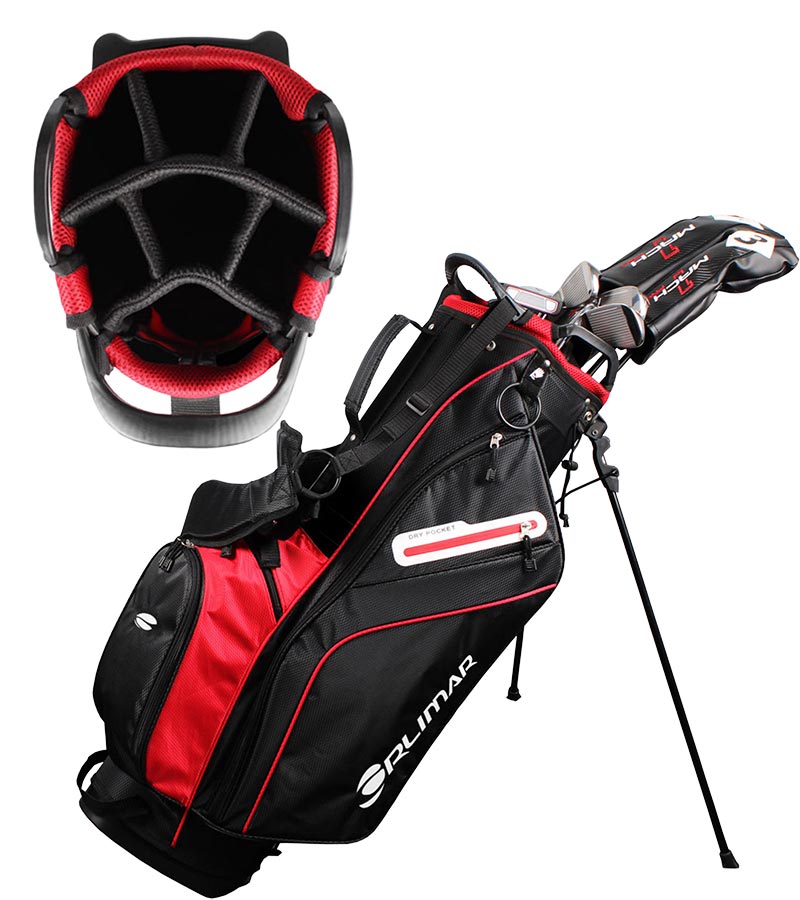 Orlimar Mach 1 Pro Men's Complete Golf Set in black with red details - legs extended - closeup of 7-way club divider top