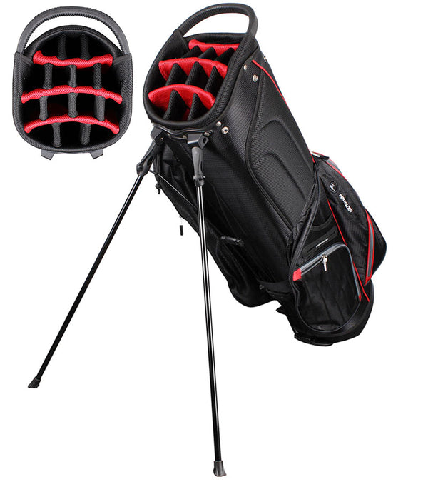 Orlimar SRX 14.9 Stand Golf Bag in Black with red detailing accents- legs extended with close of top club divider.