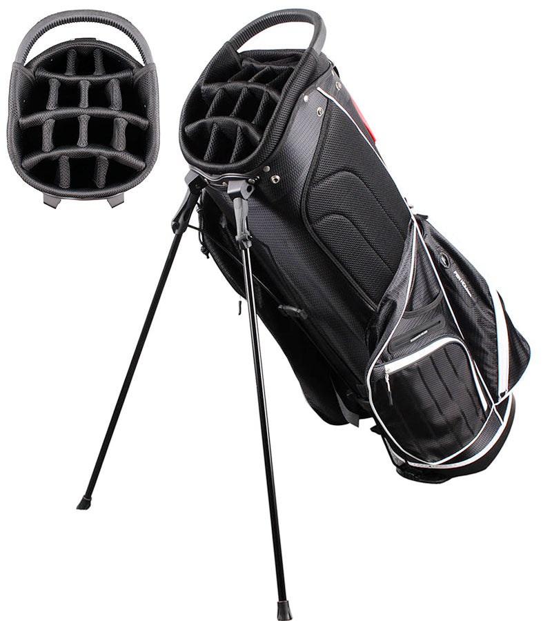 Orlimar SRX 14.9 Stand Golf Bag in Black with white details/ accents- legs extended with close of top club divider.