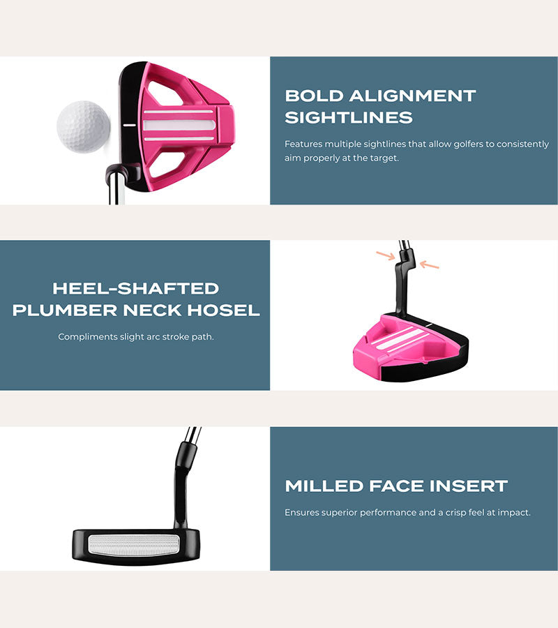 Orlimar Tangent T3 Women’s Mallet Putter in Pink/Black - Illustration showing 3 different features