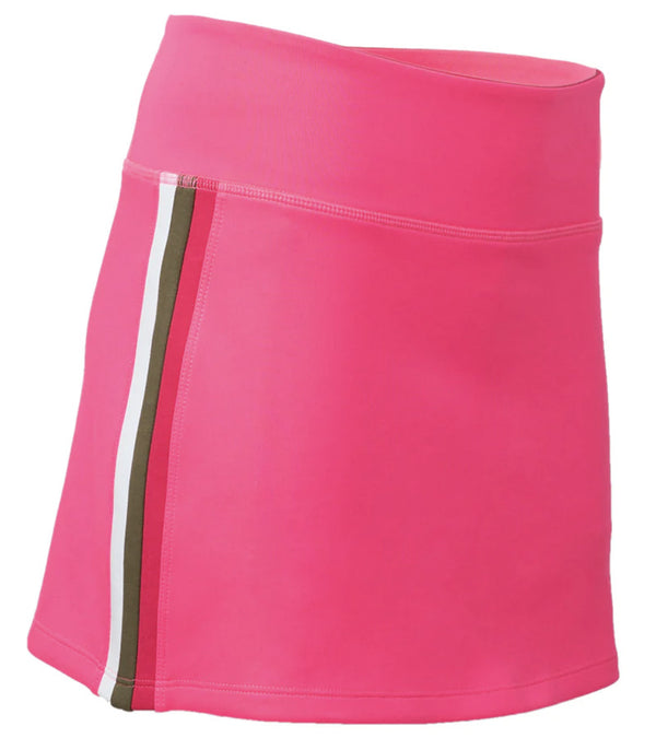 Pirdie Foreplay Skirt in Hot Pink front view with white/olive green/ dark pink vertical stripe down the side of the skirt.
