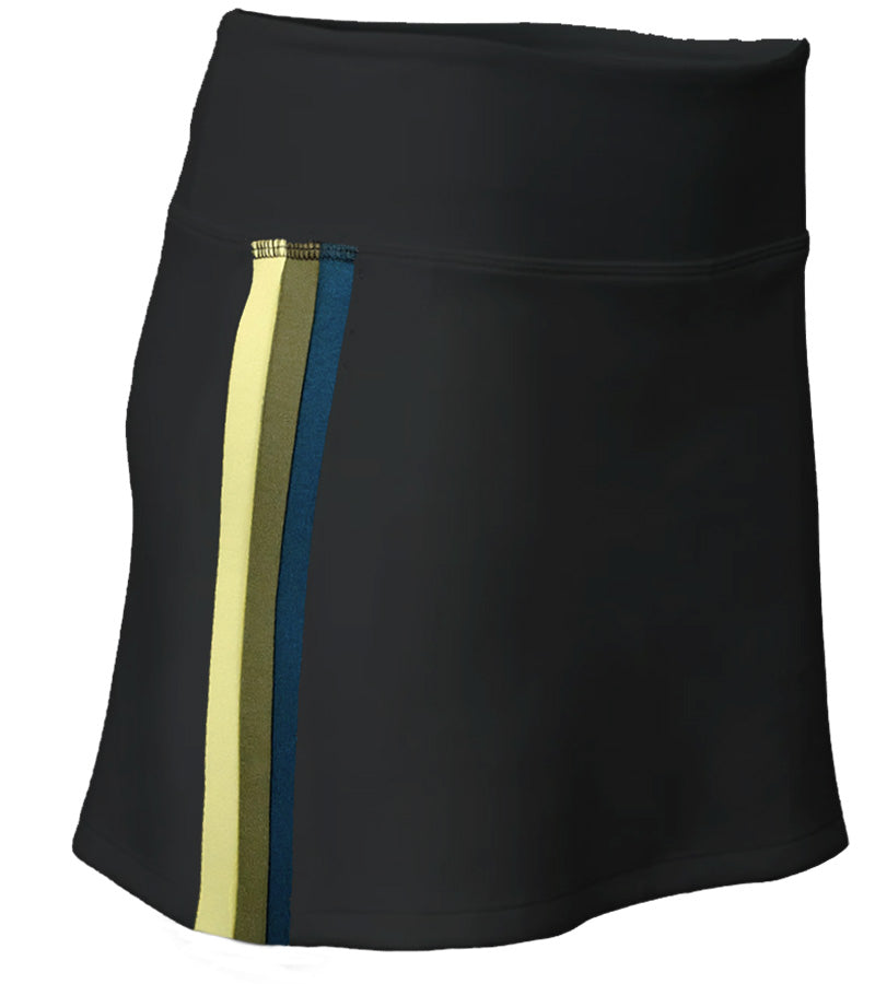 Pirdie Foreplay Skirt in Black- 3quarter view with yellow/olive green/dark teal vertical stripe down the side of the skirt.