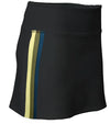 Pirdie Foreplay Skirt in Black- 3quarter view with yellow/olive green/dark teal vertical stripe down the side of the skirt.