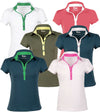 Pirdie June Daly Womens Golf Polo -front view in 6 colorways:White, Dusty Rose, Olive Green, Dark Teal, Raspberry, Teal/Kelly Green