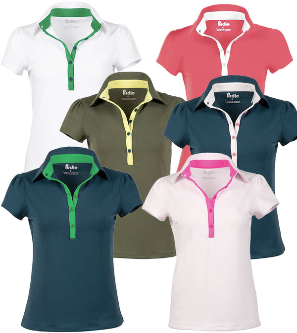 Pirdie June Daly Womens Golf Polo -front view in 6 colorways:White, Dusty Rose, Olive Green, Dark Teal, Raspberry, Teal/Kelly Green