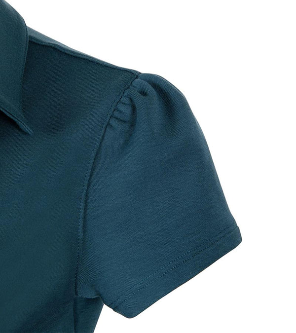 Pirdie June Daly Womens Golf Polo - in Dark Teal - closeup detail of puff short sleeve