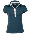 Pirdie June Daly Womens Golf Polo - in Dark Teal - front view with white accent button placket - 5 pink buttons