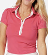 Pirdie June Daly Womens Golf Polo -partial model in Raspberry with - front view white button placket