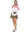 Pirdie Swing Dolly Golf Skirt- model-front view in Olive With Hot Pink piping accent