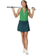 Pirdie Swing Dolly Golf Skirt with model holding a club- front view in Dark Teal With Kelly Green