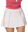 Pirdie Swing Dolly Golf Skirt- partial model-front view in Dusty Rose With Raspberry piping accent