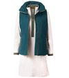 Pirdie Twilight Golf Vest in Dark Teal with accents in Olive Green for the zipper -front view on a Pirdie The Duchess golf dress in dusty rose.
