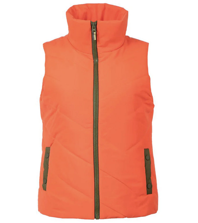 Pirdie Twilight Golf Vest in Hot Coral with accents in olive green for the zipper and pocket details