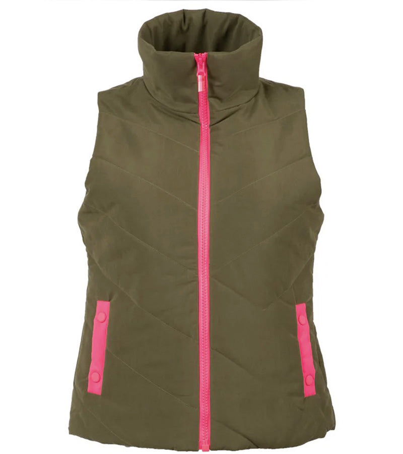 Pirdie Twilight Golf Vest in Olive Green with accents in hot pink for the zipper and pocket details