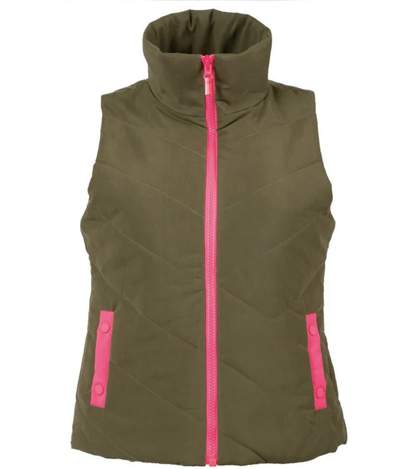 Pirdie Twilight Golf Vest in Olive Green with accents in hot pink for the zipper and pocket details