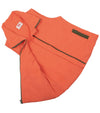 Pirdie Twilight Golf Vest unzipped and opened in Hot Coral with accents in olive green for the zipper and pocket details