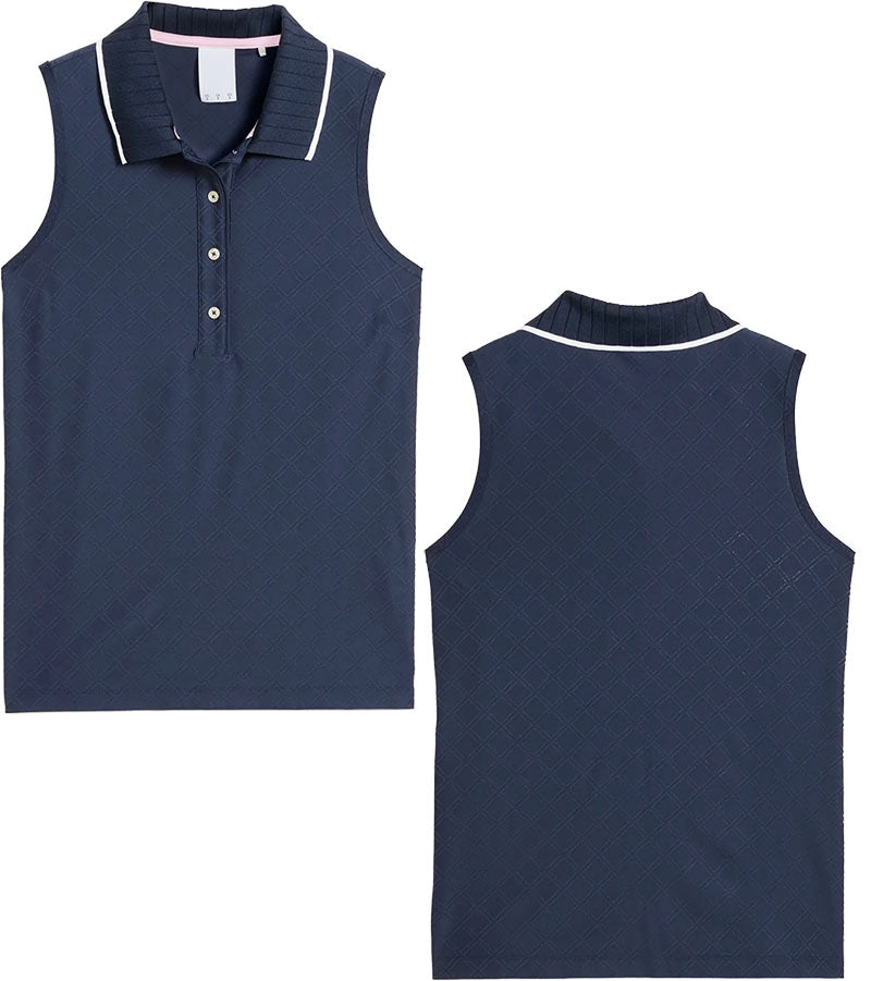 Puma AP Jacquard Sleeveless Women’s Golf Polo in Deep Navy - front view & back views