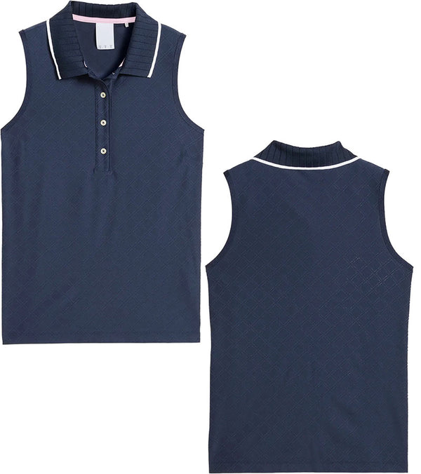 Puma AP Jacquard Sleeveless Women’s Golf Polo in Deep Navy - front view & back views