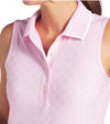 Puma AP Jacquard Sleeveless Women’s Golf Polo in Pale Pink - closeup of collar edged in white and 4 button placket.
