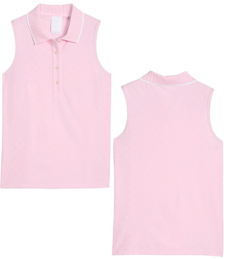 Puma AP Jacquard Sleeveless Women’s Golf Polo in Pale Pink - front view & back views