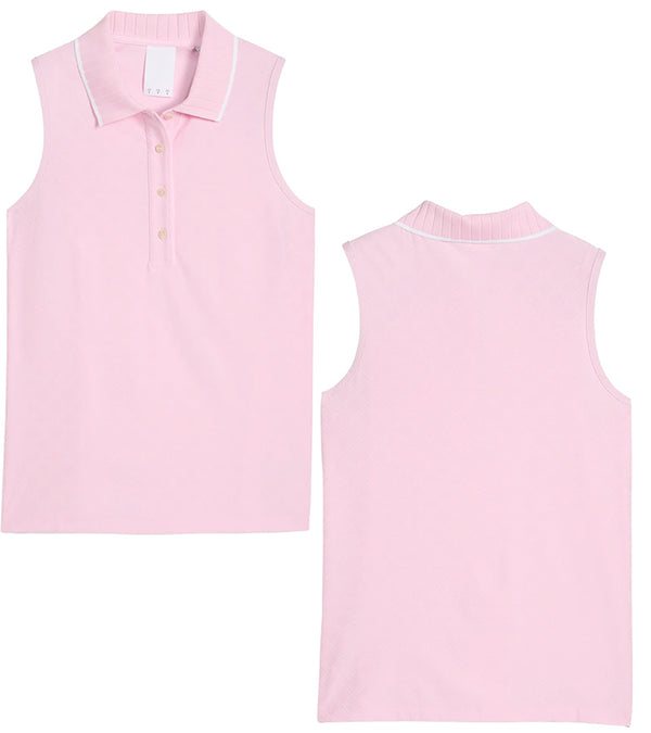 Puma AP Jacquard Sleeveless Women’s Golf Polo in Pale Pink - front view & back views