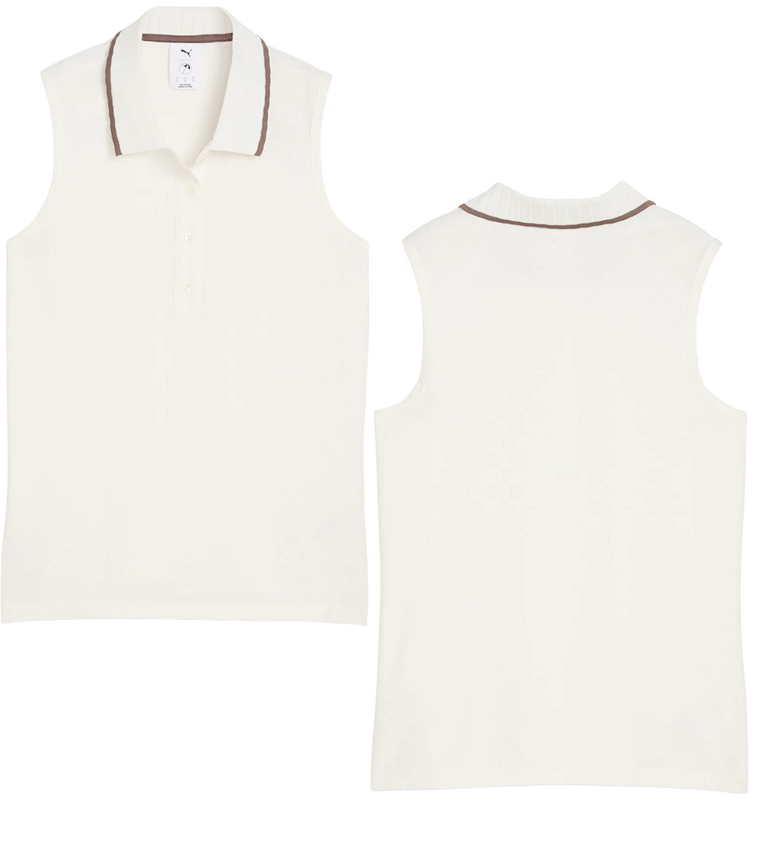 Puma AP Jacquard Sleeveless Women’s Golf Polo in Warm White -front & back views