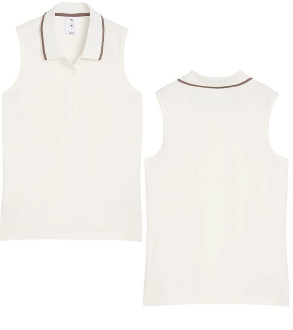 Puma AP Jacquard Sleeveless Women’s Golf Polo in Warm White -front & back views