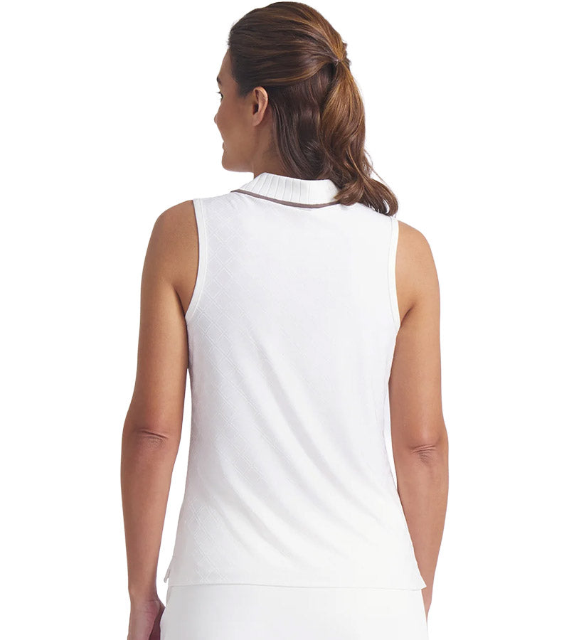 Puma AP Jacquard Sleeveless Women’s Golf Polo in Warm White -partial model back view